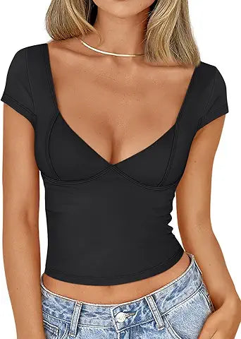 Trendy Queen Womens Deep V-Neck Backless Tops Short Sleeve Slim Fit T-Shirts Basic Y2K Top