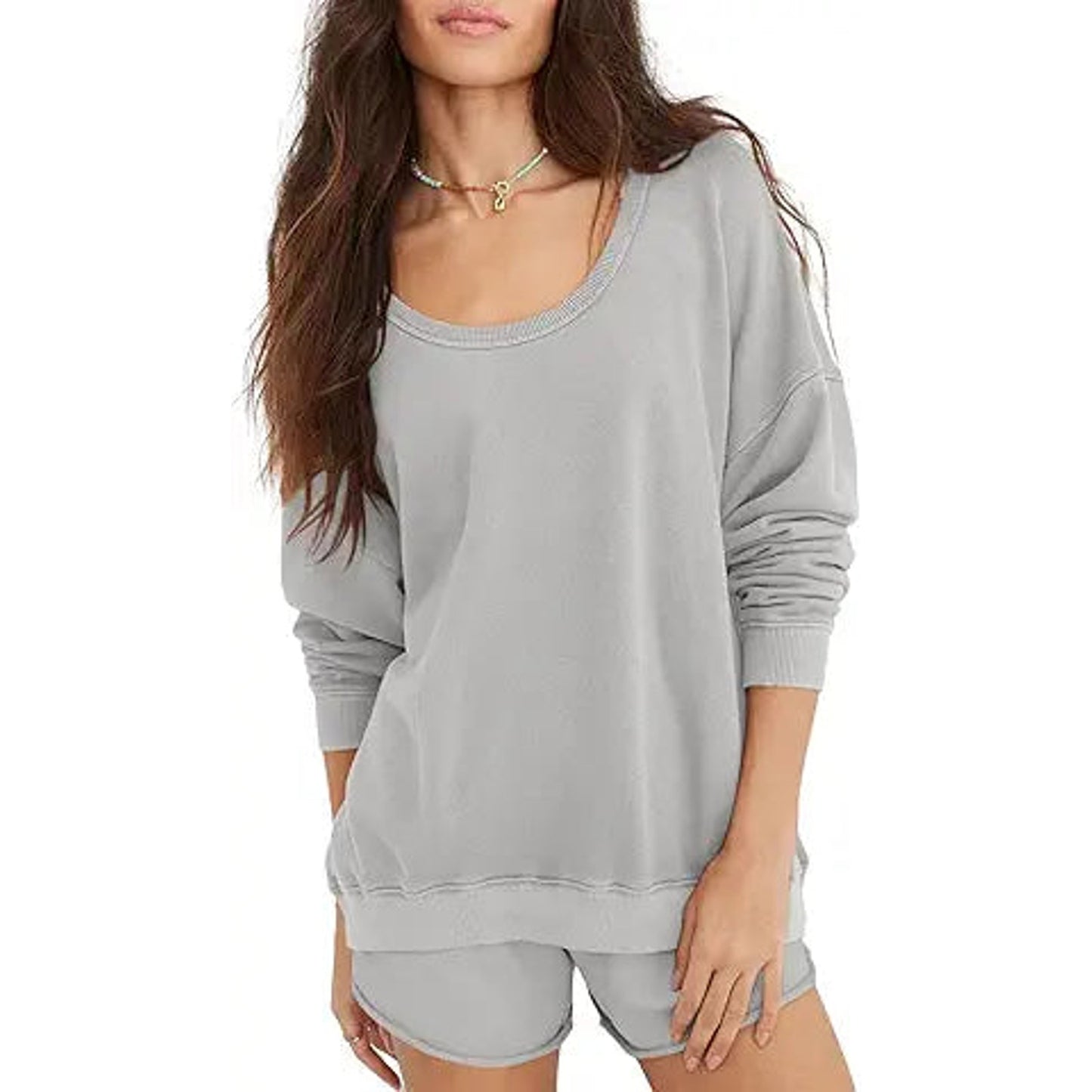 Tankaneo Womens Sweatshirts Pajama Sets Long Sleeve Top and Shorts Matching Lounge Set Lou