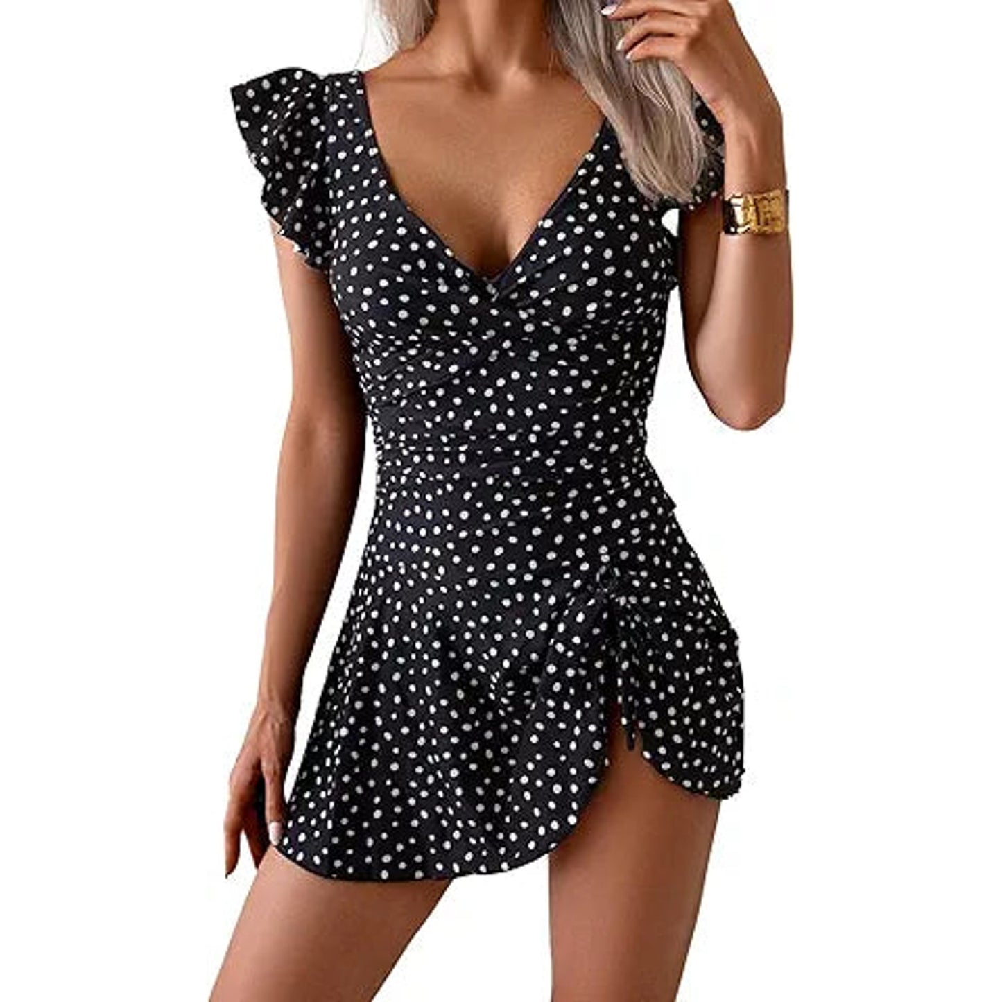 Aidonger One Piece Swimdress Tummy Control Ruffle Swimsuit for Women Tie Knot Swim Dresses