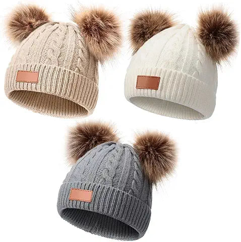 Geyoga Kids Toddler Winter Pompom Hat Baby Knitted Beanie Hat Faux Fur Pom Beanie Cap for