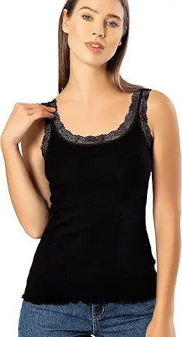VAVONNE Lace Camisole Tank Tops for Women, Soft Stretch Ribbed Cotton Cami Shirt (Black,Me