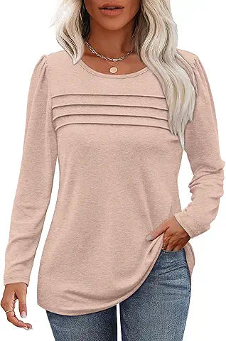 OFEEFAN Fall Sweaters for Womens Long Sleeve Shirts Dressy Casual Blouses Pleated Oversize