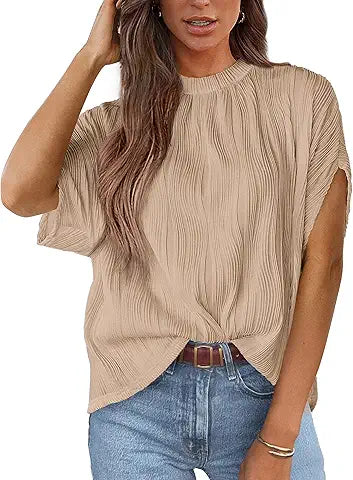 PRETTYGARDEN Women's Tops 2025 Summer Casual Crewneck Short Sleeve Textured Shirts Going O