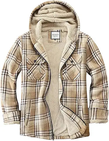 WINDFIT Women's Full Zip Fleece Flannel Jacket Plaid Sherpa Lined Jacket for Women Khaki L