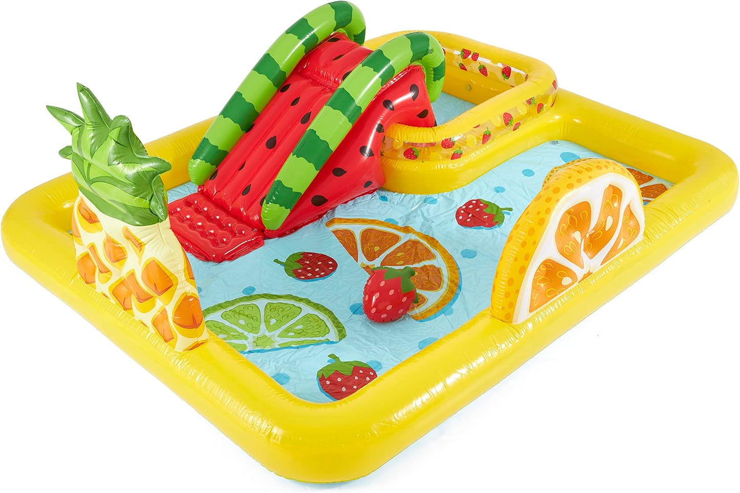 Intex 57158EP Fun'N Fruity 8ft x 6.25ft x 4in Outdoor Inflatable Kiddie Pool Water Play Center with Water Slide, Sprinklers and 6 Play Balls for Ages 2 and Up