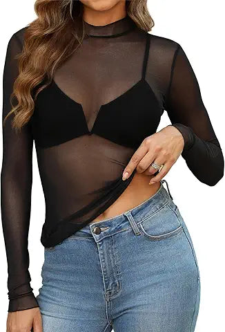 OFEEFAN Black Sheer Top Long Sleeve Tops for Women See Through Undershirts 2024 Fashion Tr