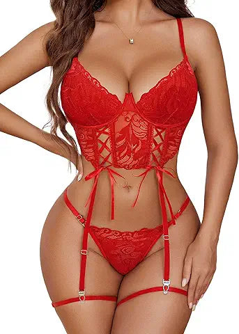Avidlove Lingerie for Women Soft Underwire Bra and Panty Set 4 Pieces Garter Belts Lingeri
