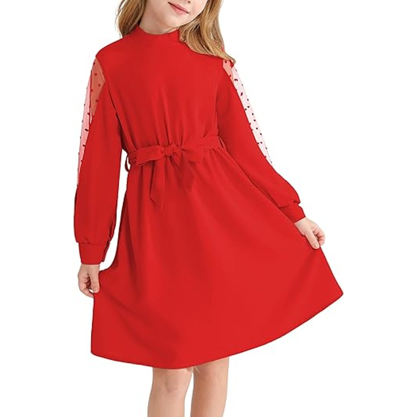 HOOGRIN Long Sleeve Girls' Dress Mock Neck Tie Waist A line Midi Casual Party Red Dresses