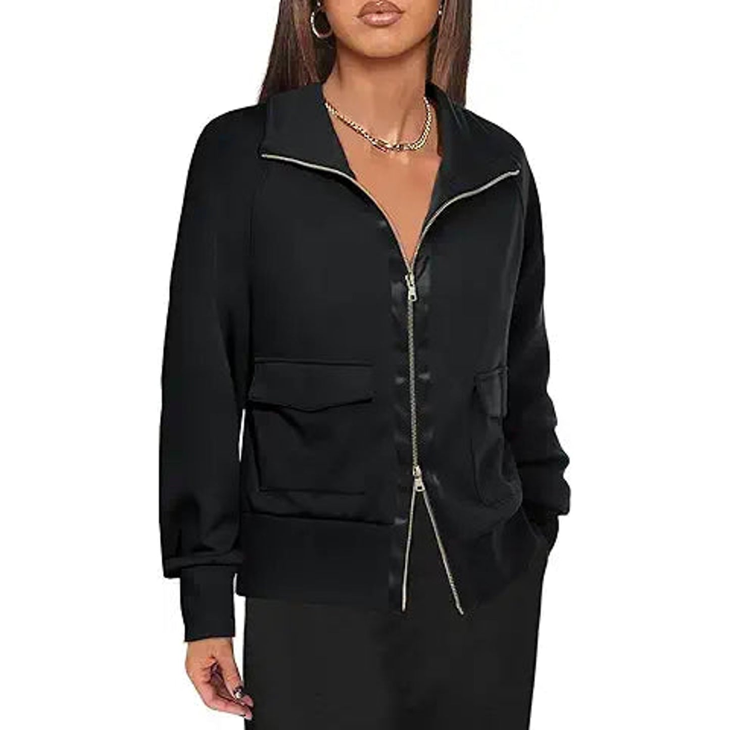 Fisoew Women's Zip up Sweatshirt Collared Neck Long Sleeve Loose Casual Lightweight Jacket