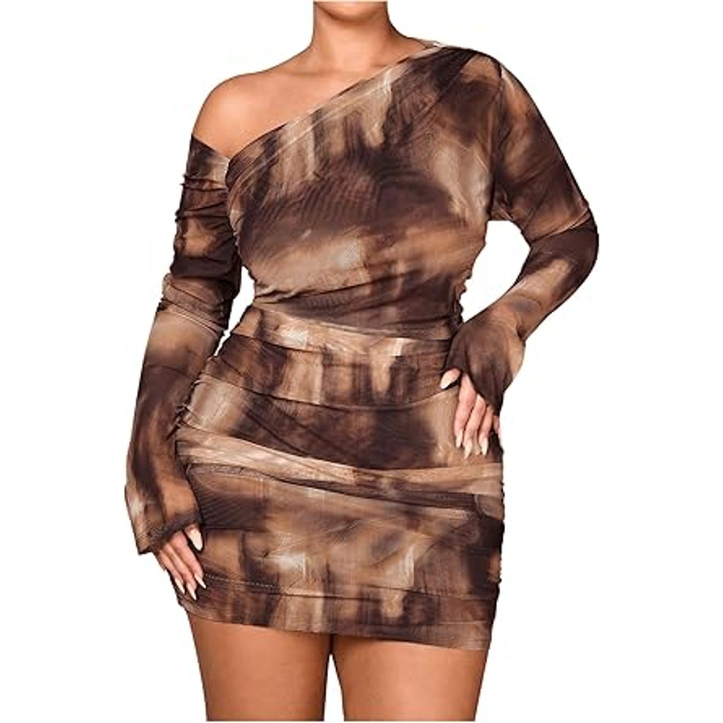 WDIRARA Women's Plus Size Mesh Ruched Tie Dye Mini Dress Long Sleeve One Shoulder Elegant