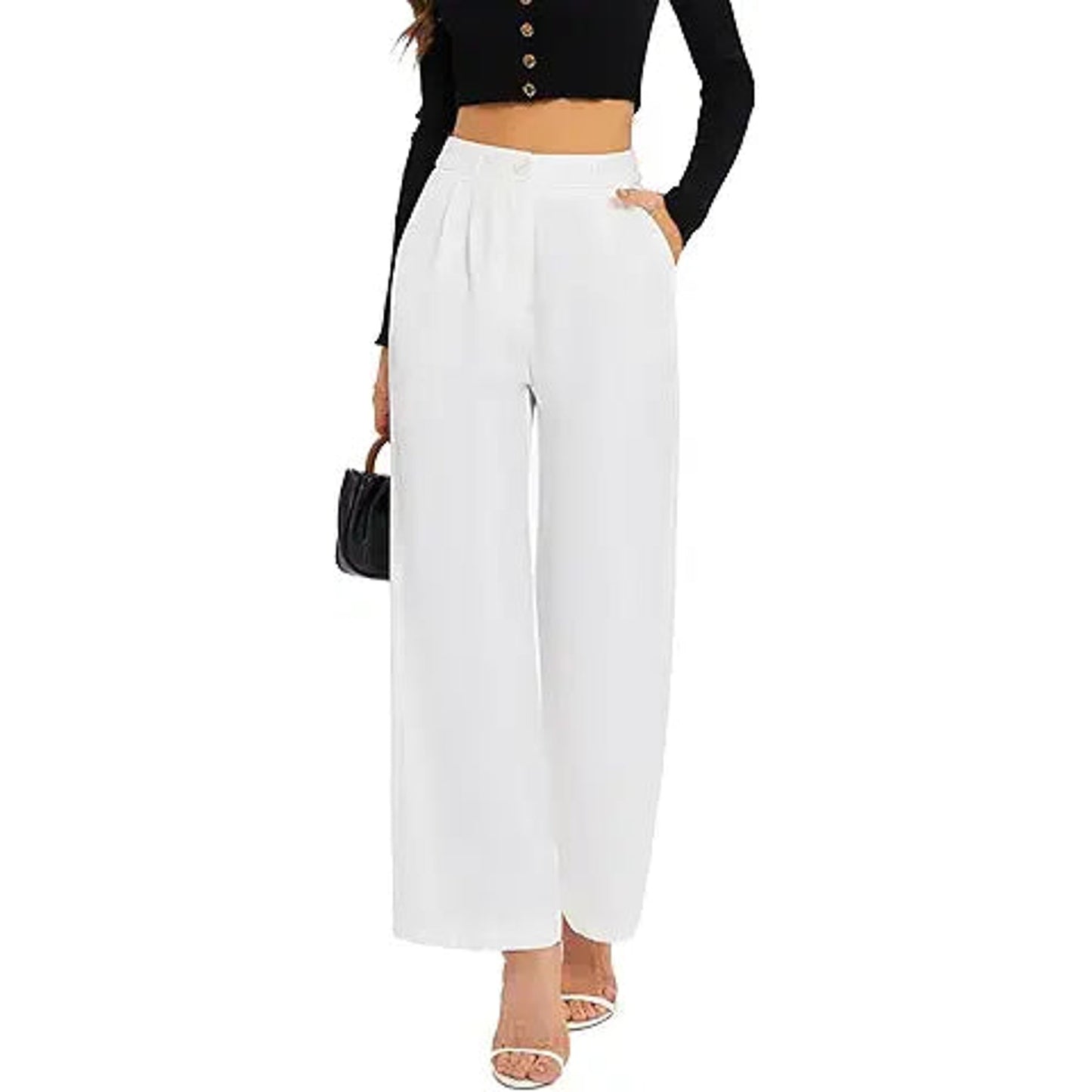 FUNYYZO Women's Wide Leg Pants High Elastic Waisted in The Back Business Work Trousers Lon