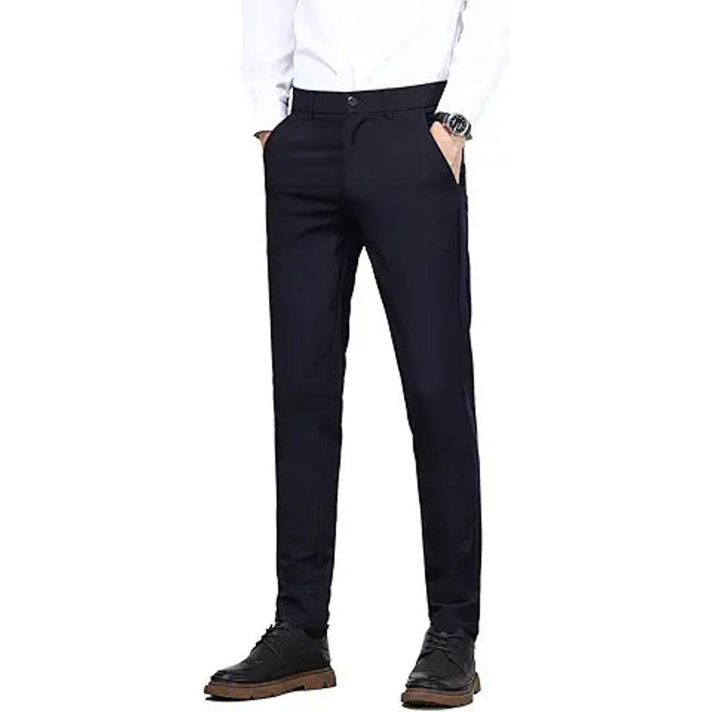 Plaid&Plain Men's Slim Fit Dress Pants Formal Pants Dress Slacks for Men 603 Navy Blue(New