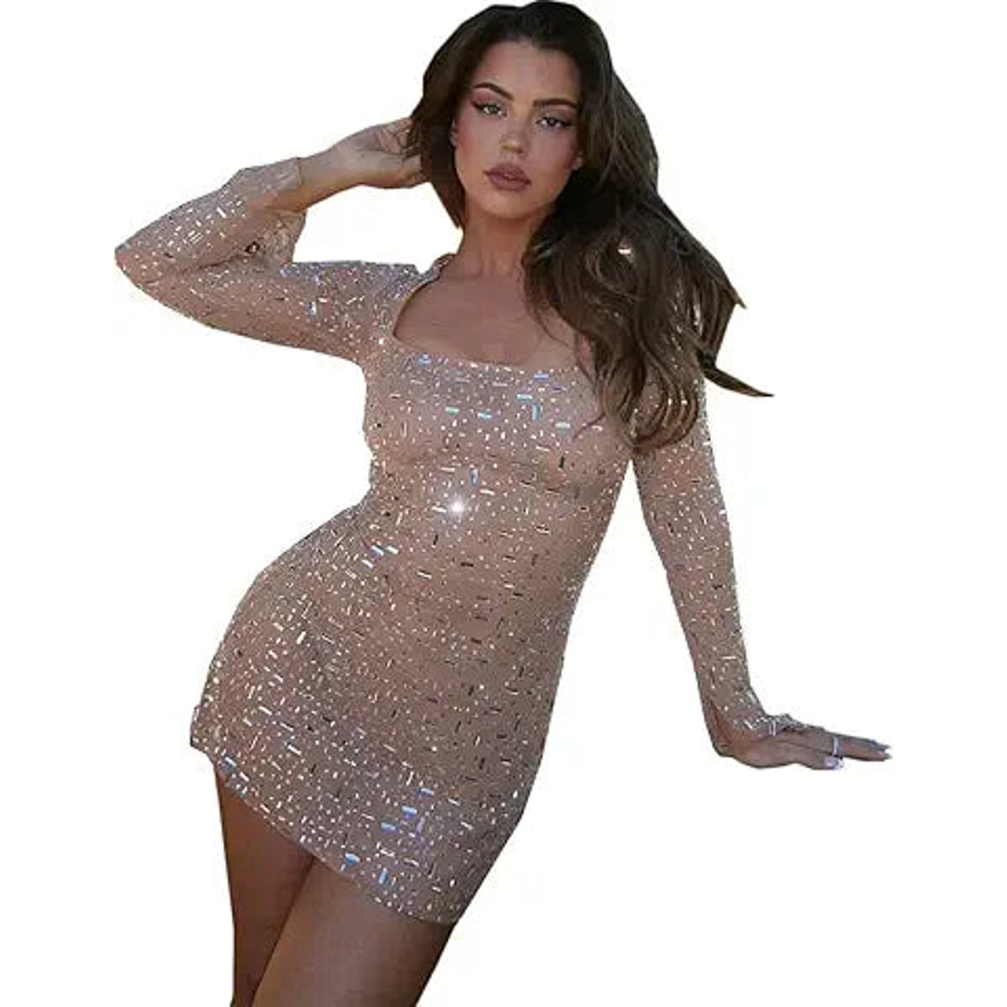 Short Dress for Women Casual Spring Sheer Mesh Long Sleeve Square Neck Rhinestones Semi Se
