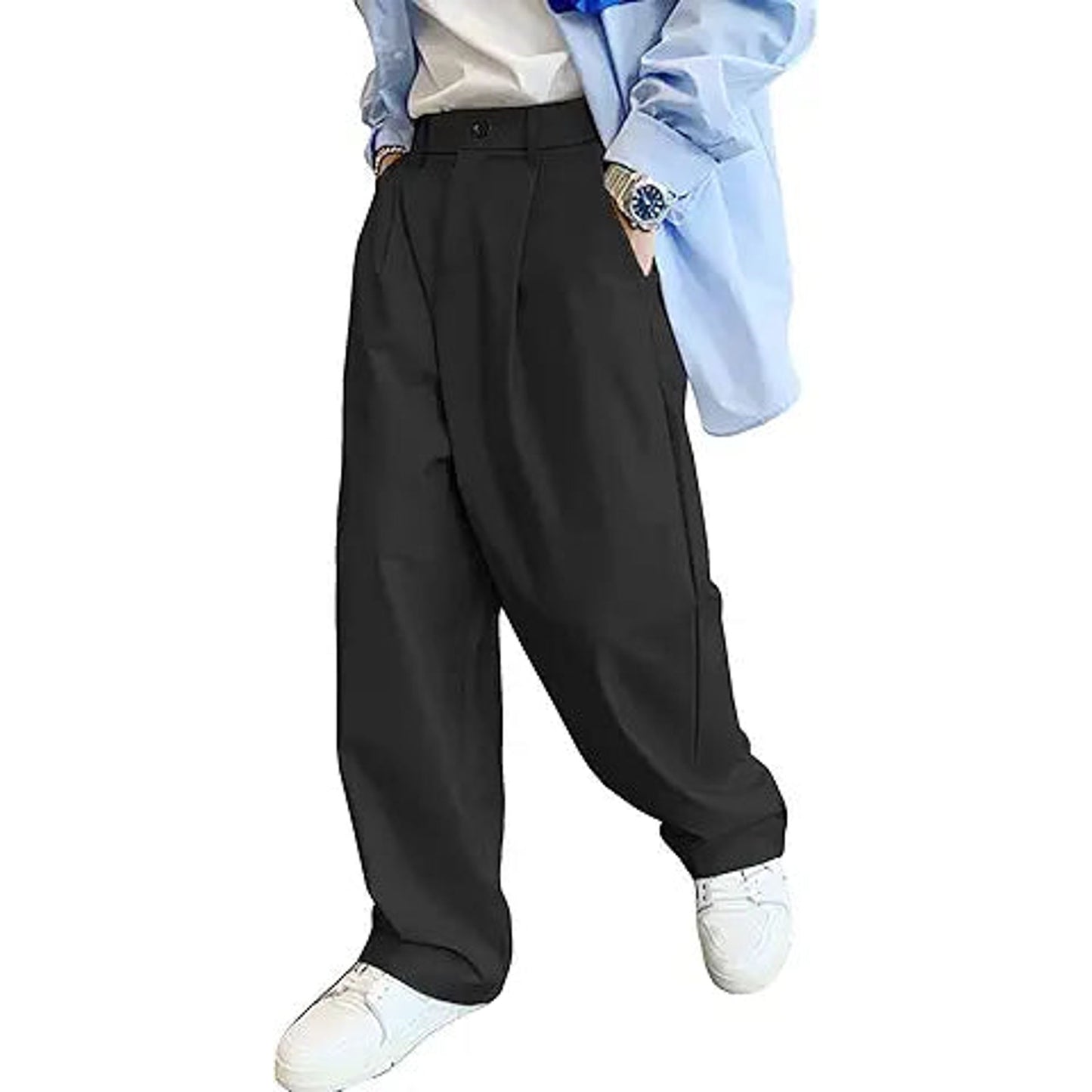 Verdusa Men's Casual Loose Wide Leg Pants Lightweight Trousers with Slant Pockets Black M