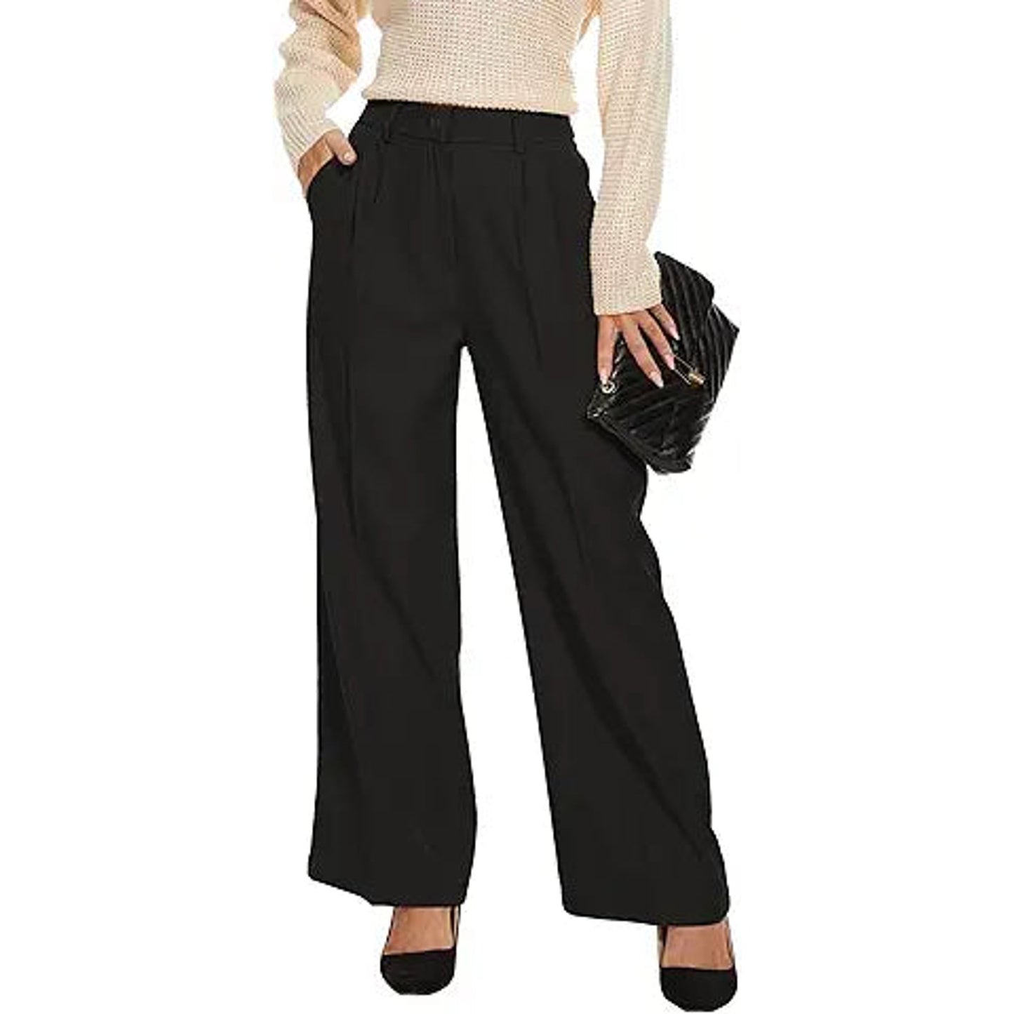 FUNYYZO Women's Wide Leg Pants High Elastic Waisted in The Back Business Work Trousers Lon