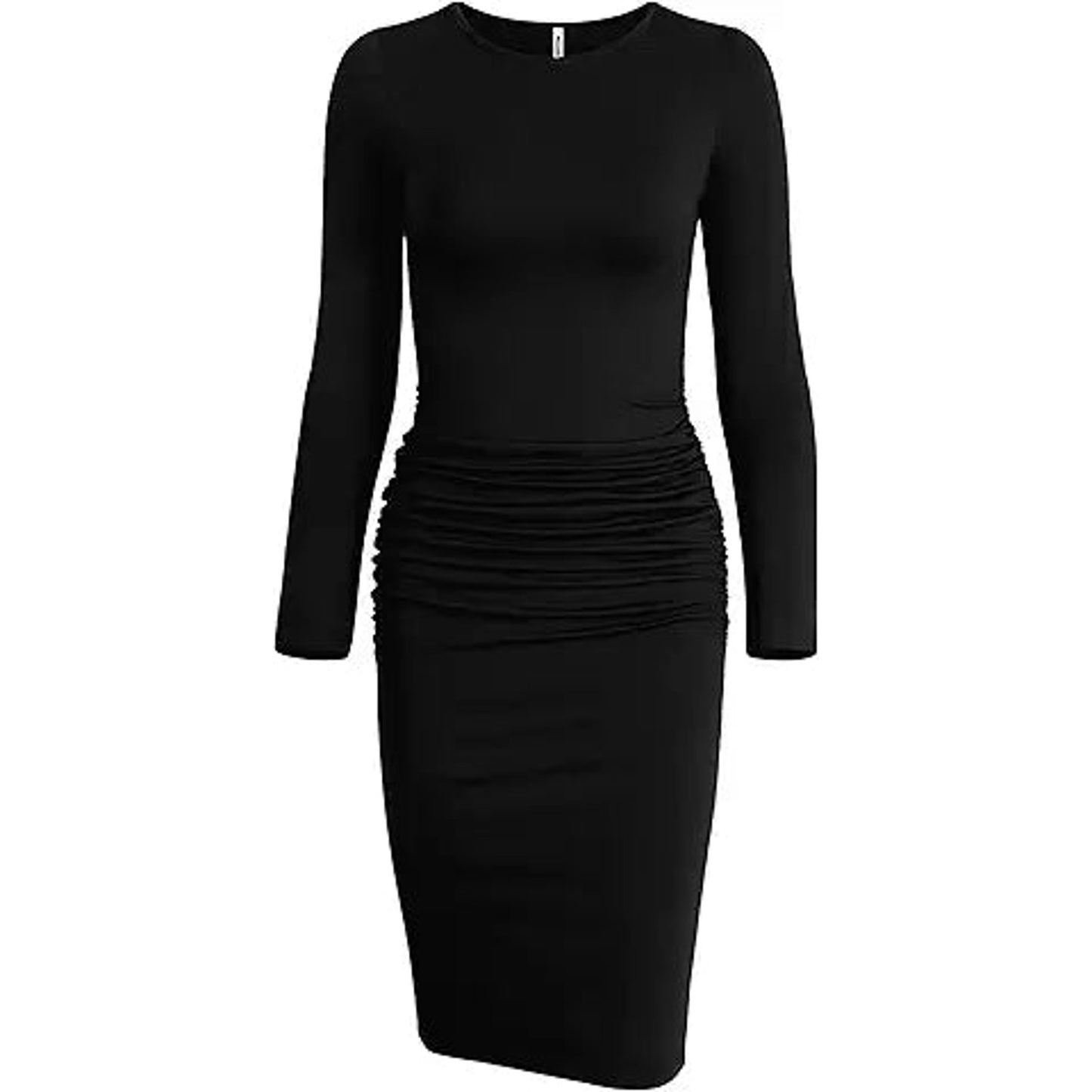 Missufe Ruched Knee Length Bodycon Dress Women's Long Sleeve Casual Sheath Sundress (Black