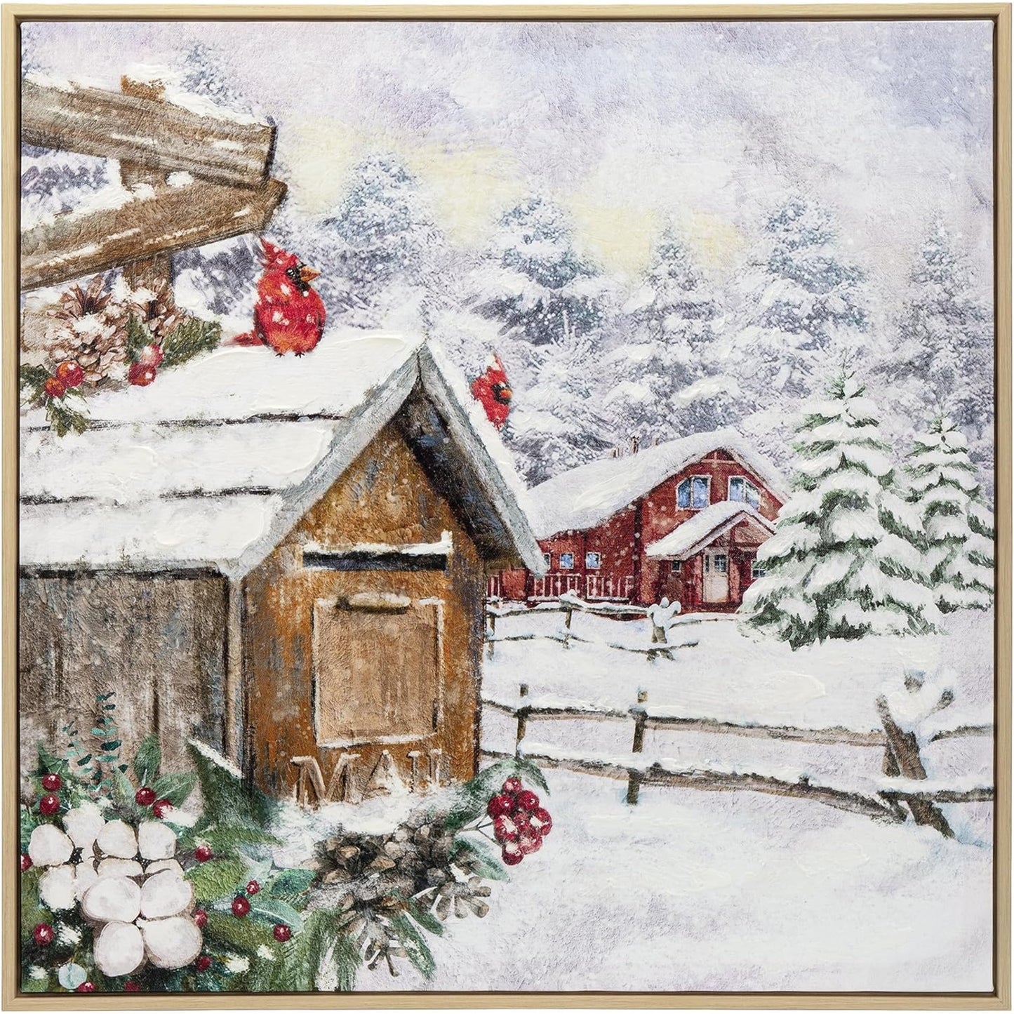 ArtbyHannah 24x24 Inch Christmas Canvas Wall Art, Hand-Painted Framed Christmas Wall Art, Christmas Wall Decor with Village Barn and Snowscape for Christmas Wall Decorations as Holiday Christmas Gifts