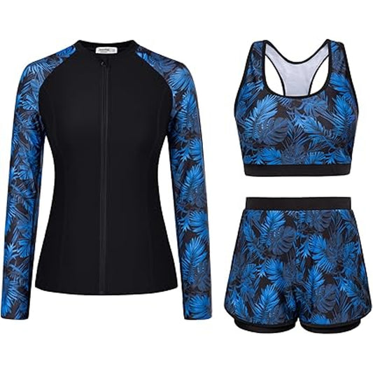 3 Piece Rash Guard for Women Long Sleeve Zip Up Bathing Suits with Boyshort UPF 50+ Swim S
