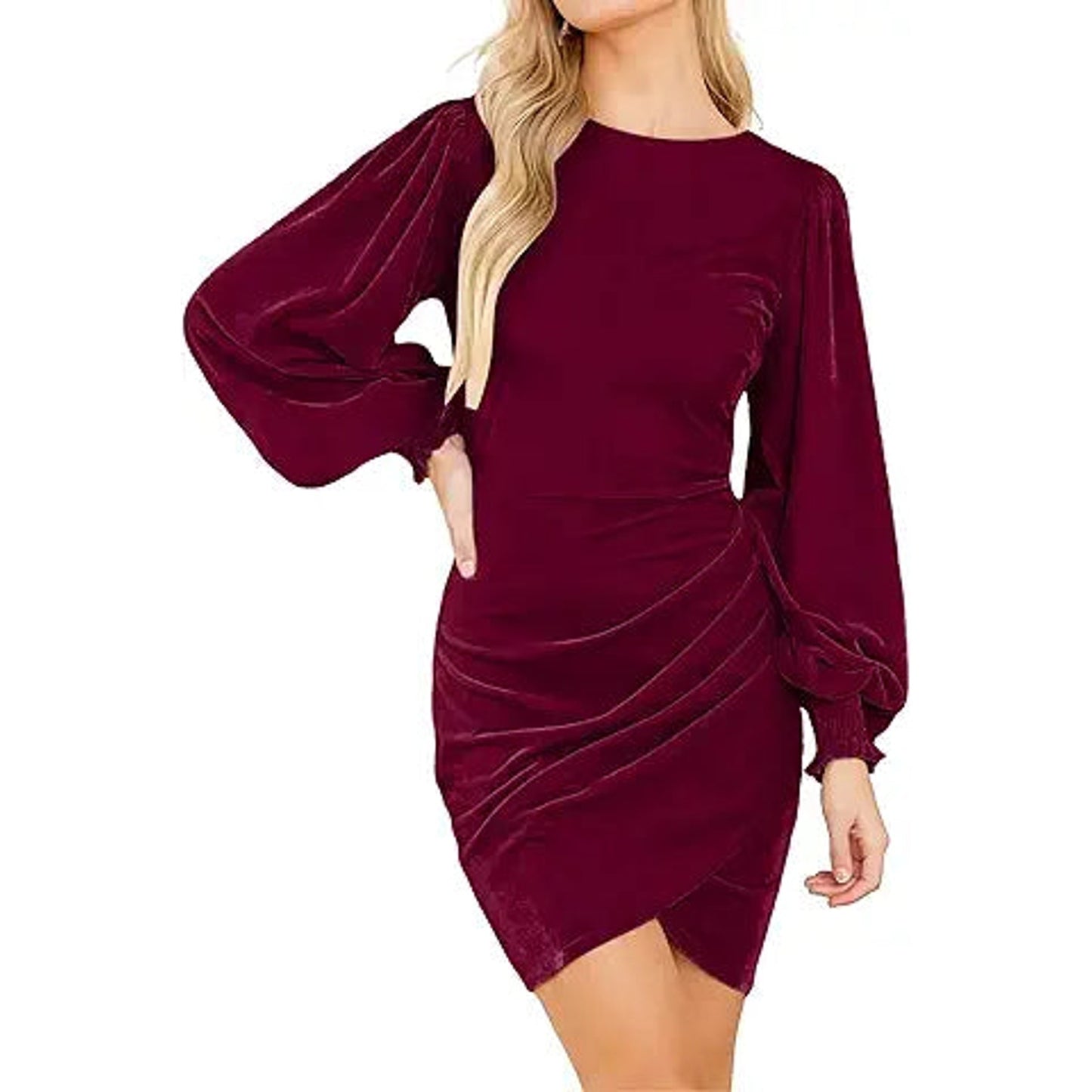 Valiamcep Women's Long Sleeve Velvet Dress Elegant Round Neck Cute Lantern Sleeve Puff Sle