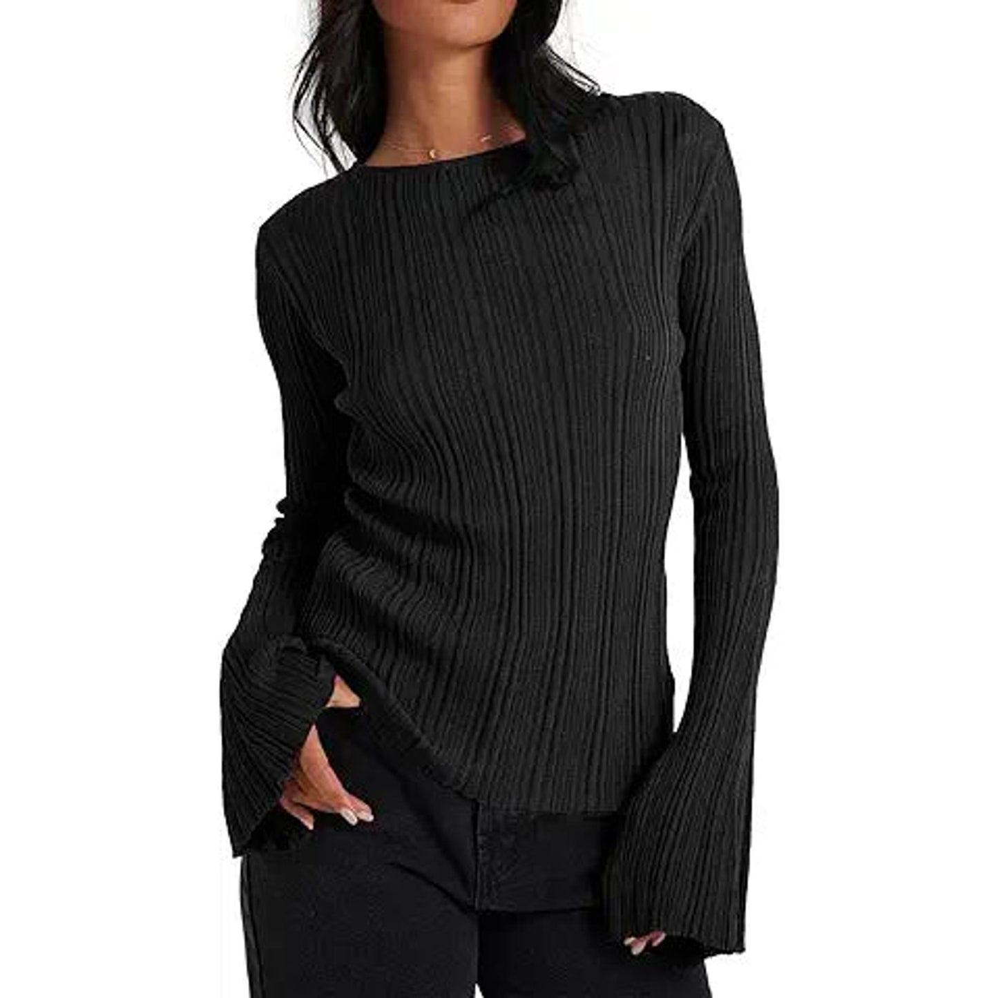 Cicy Bell Womens Bell Long Sleeve Tops Going Out Knitted Fall Pullover Lightweight Sweater