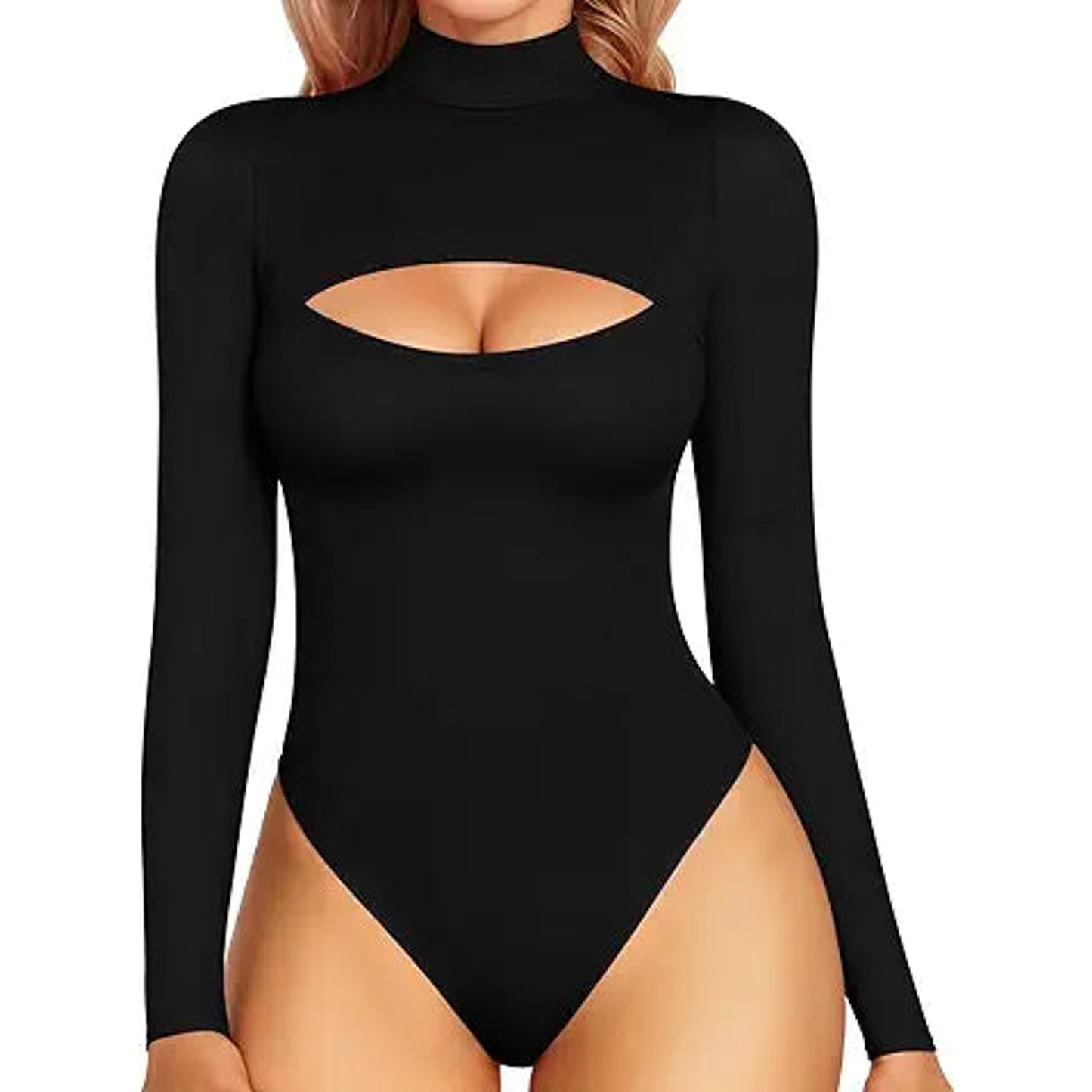 MANGOPOP Black Bodysuit Mock Neck Cutout Front Long Sleeve Tops(Black XXL)