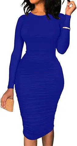 BEAGIMEG Women's Ruched Long Sleeve Elegant Bodycon Basic Casual Midi Dress RoyalBlue