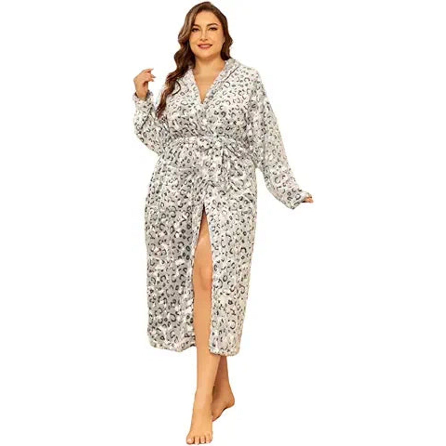 RONGTAI Leopard Print Hooded Bathrobe for Women, Long Shawl Collar Fleece Womens Robe with