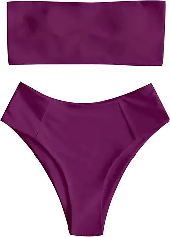 ZAFUL Women's High Cut Bandeau Bikini Set Strapless Solid Color 2 Pieces Bathing Suit Swim