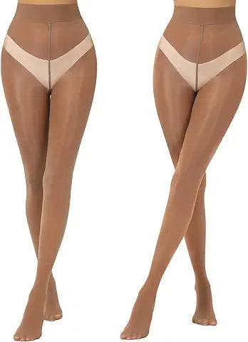 Aaronano 2 Pairs Brown Shiny Pantyhose for Women High Waist Silk Oil Shimmer Sheer Tights