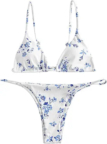 ZAFUL Ditsy Floral Printed Bikini Set Swimsuit Triangle Cheeky Thong Swimwear White