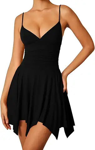 Memoriesea Women's Sexy V Neck Sleeveless Spaghetti Strap Mini Club Party Slip Dress Black