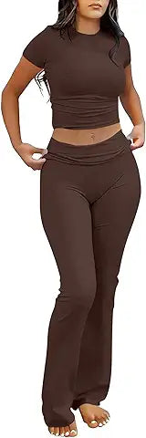 ANRABESS Lounge Sets for Women 2 piece Foldover Yoga Flare Leggings Pants Crop Tops Casual