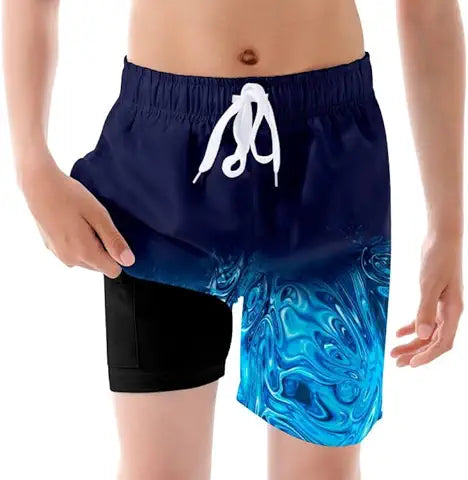 UNICOMIDEA Kids Swim Trunks with Compression Liner Blue Swimming Short Size 7 Boys Ripple
