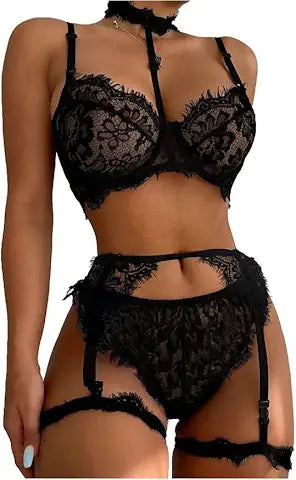 Lilosy Sexy Choker Floral Lace Underwire Push Up Garter Belt Lingerie Set for Women Sheer