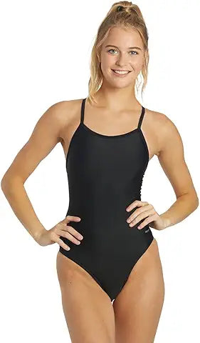 Sporti Solid Thin Strap One Piece Swimsuit - Black - 30