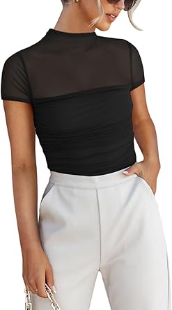 REORIA Women’s Summer Sexy Mock Turtle Neck Short Sleeve Slimming Shirts Sheer Mesh Ruch