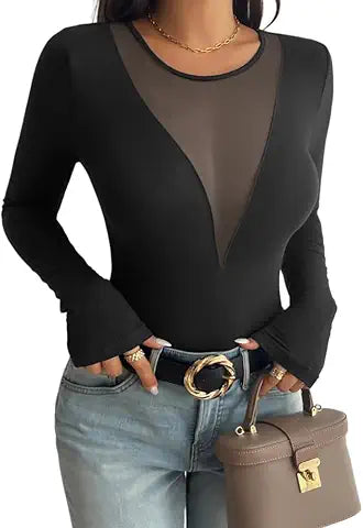 Black Long Sleeve Shirt for Woman Sex Deep V Neck Top for Women 2024 Fashion Y2K Going Out