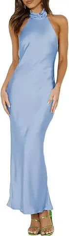 Phicia Sexy Satin Halter Neck Backless Maxi Dress for Women Elegant Tie Cowl Back Formal W