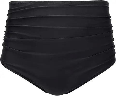 Tempt Me Women Retro High Waist Bikini Bottom Black Ruched Swim Brief Bottom L