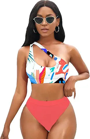 NAFLEAP One Shoulder Cutout Bikini Set for Women High Waisted Bottom Swimsuit Two Piece Ba