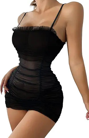 Lilosy Sexy Mesh Sheer Ruched Ruffle Babydoll Lingerie Set for Women Chemise Slip See Thro