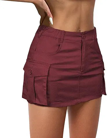 Century Star Womens Y2k Low Waist Mini Cargo Denim Skirt Button Bodycon with Pocket Wine S