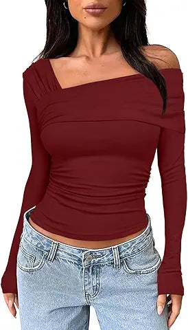 Darong Y2k Off Shoulder Shirt 9033 Black Crop Top Women's Long Sleeve Slim Fit Tees Croppe