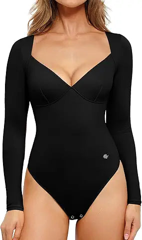 Popilush Black Bodysuit Womens Henley Going Out Shirts Button Down Shapewear Tummy Control