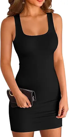 VICHYIE Summer Dress for Women Square Neck Casual Bodycon Ribbed Sleeveless Mini Pencil Sl