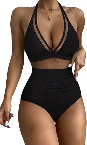 RXRXCOCO Women Sexy V Neck Mesh One Piece Bathing Suit Halter Push Up Tummy Control Swimsu