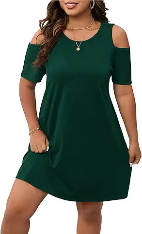 Verdusa Women's Plus Size Cold Shoulder T Shirt Dresses Short Sleeve Round Neck Tunic Dres