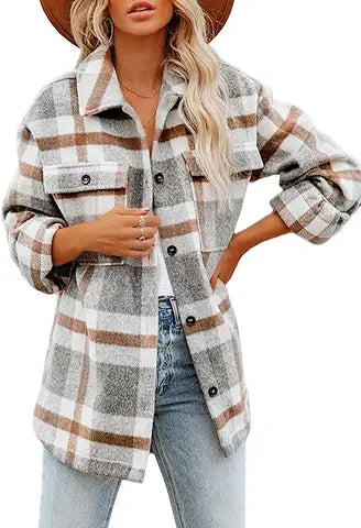 Beaully Women's Brushed Plaid Shirts Long Sleeve Flannel Lapel Button Down Pocketed Shacke