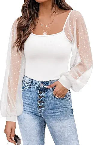 DOROSE Womens Mesh Long Sleeve Shirts Casual Blouses Tops White S