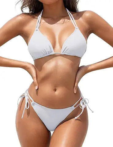 Zuvebamyo Women's Triangle Bikini Sets Two Piece Double Straps Halter Swimsuit Tie Side St